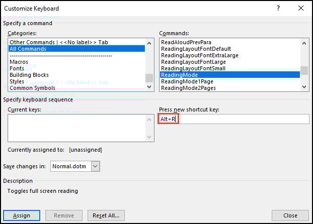 custom hot keys in word