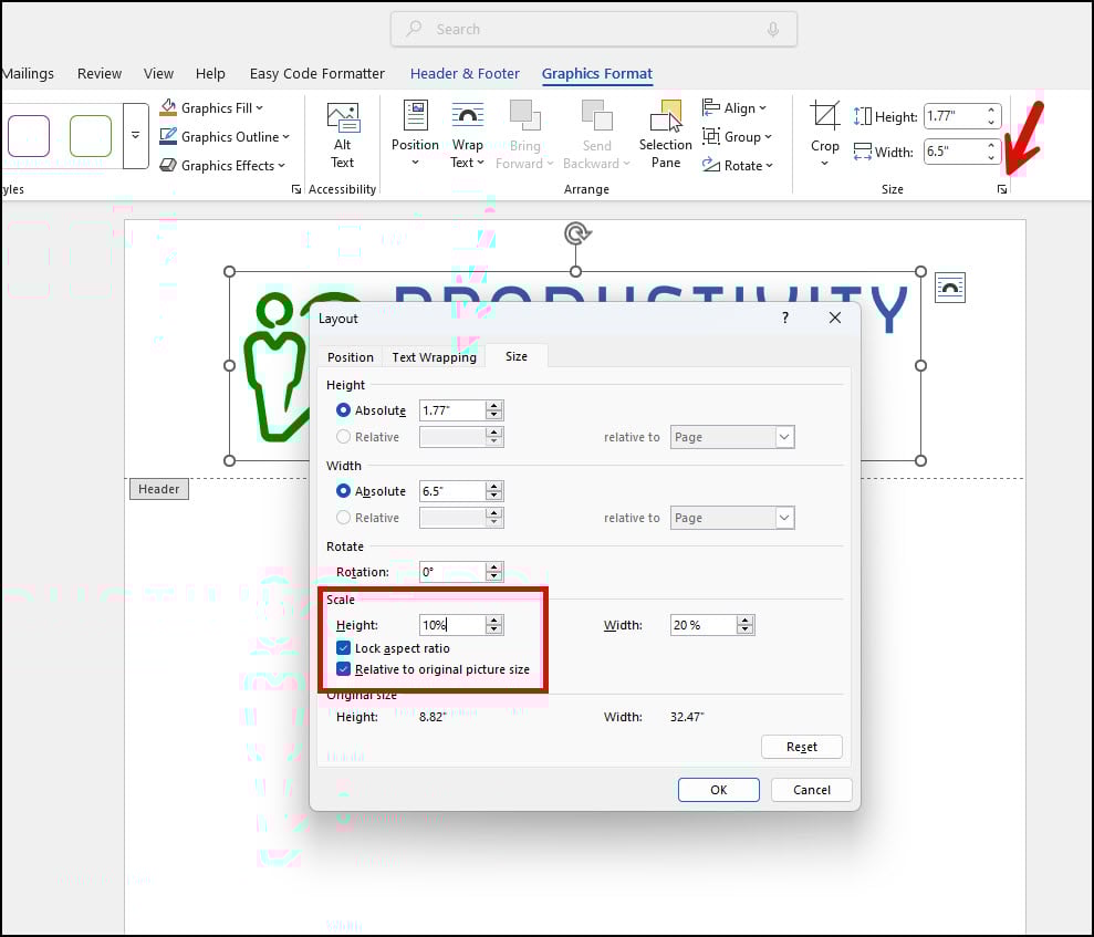 Layout panel with scaling options.