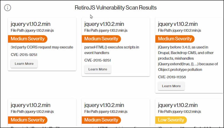 RetireJS Vulnerability Scan Results.