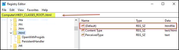 Registry editor with htmlfile highlighted.
