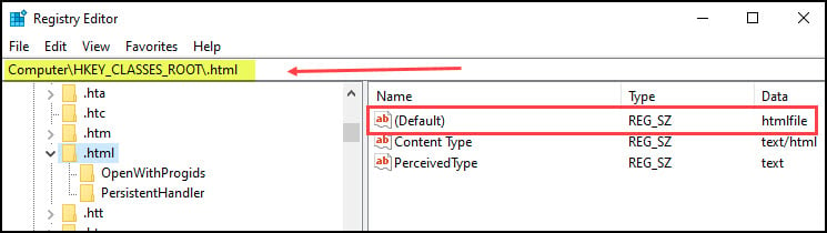 Registry editor with htmlfile highlighted.