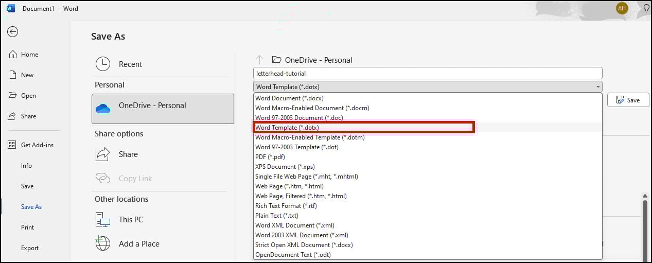 Changing Word file type to template.