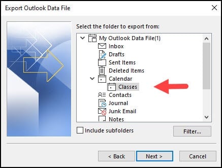 Selecting folder with calendar to export.