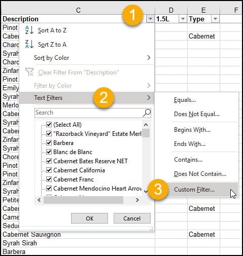 Menu for custom filter and numbered markers.