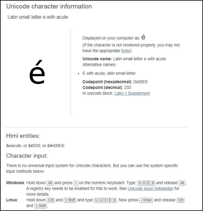 Shapecatcher results for an e with acute accent.