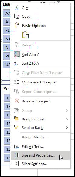 Drop-down menu with Size and properties.