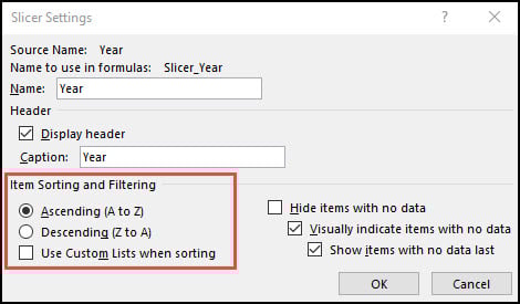 Slicer Settings dialog box with sorting options highlighted.