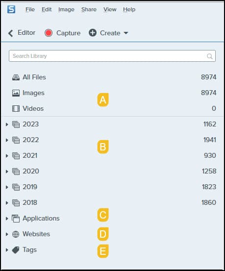 Virtual folders in SnagIt library.
