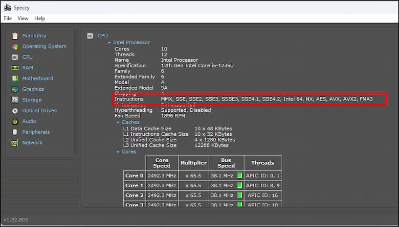 Speccy showing CPU instructions.