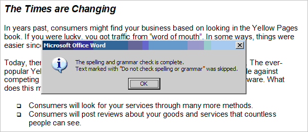 Word spell check message about skipped marked text.