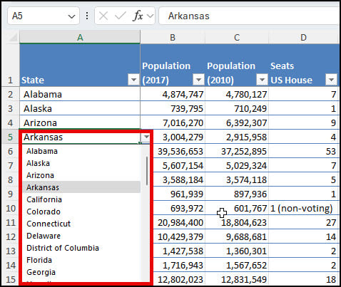 Drop down list of states.