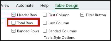 Total Row checjbox option.