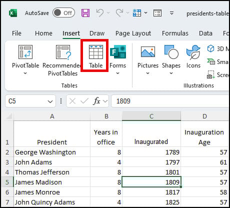 Clicking Table button.