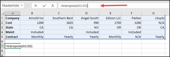 Highlighted columns and rows to transpose.