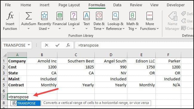 Start of transpose formula in cell A7.