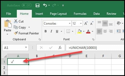 Excel with checkmark unicode symbol