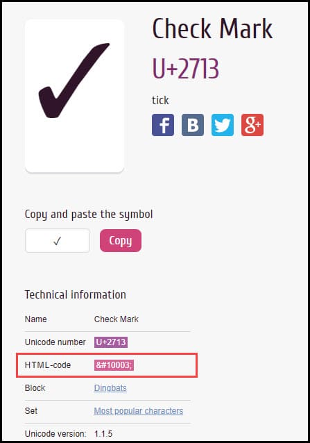 ASCII Check Mark Symbol