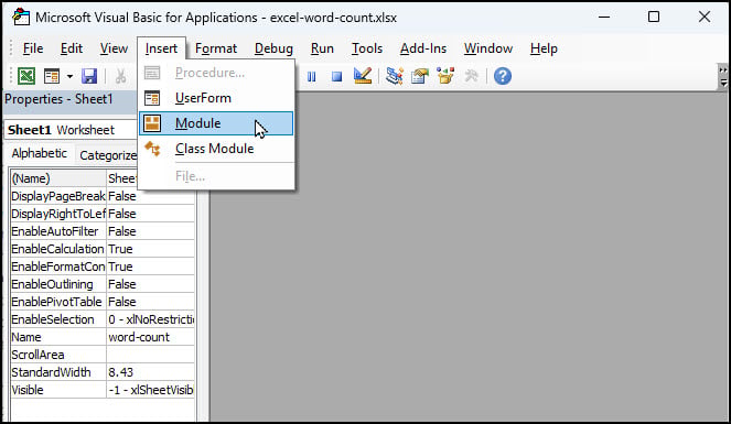 Visual Basic Application editor and menu.