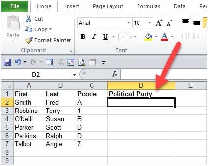 New Excel column for Political Party lookup values.