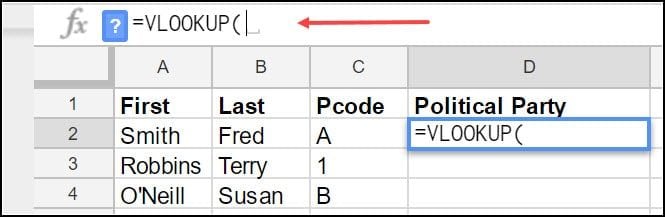 Entering vlookup in Google Sheets formula bar.