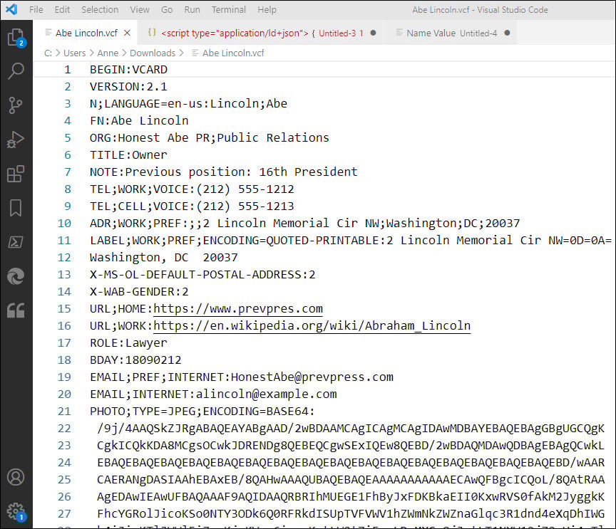 vCard content displayed in VS code editor.