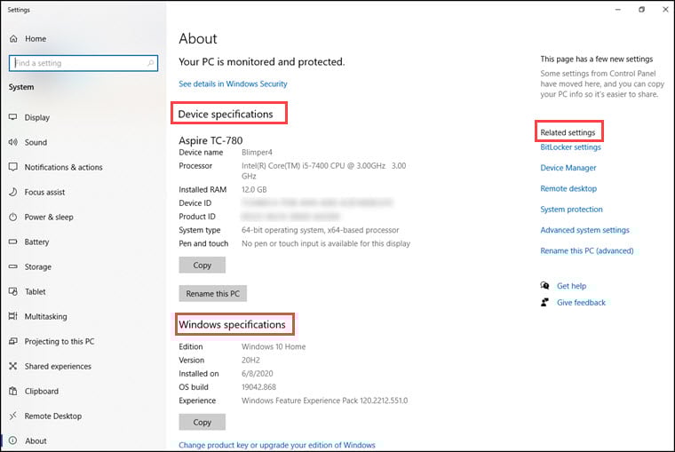 How to check PC specs with Windows 10 About panel.