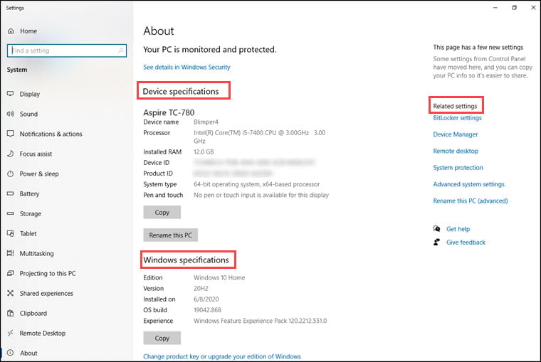 How to check PC specs  with Windows 10 About panel.