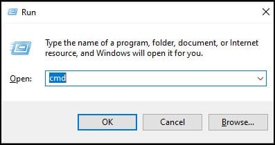 Windows Run dialog with cmd in the textbox.