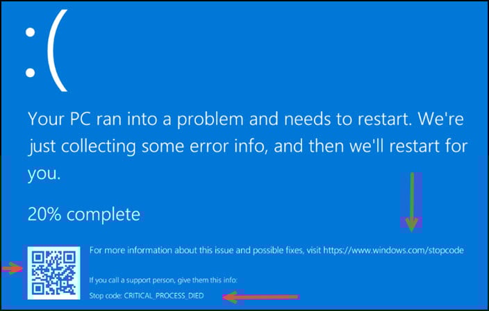 Windows error message with QR code.