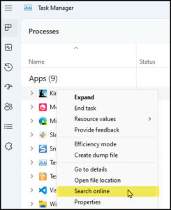Right-click menu for Windows Task Manager.
