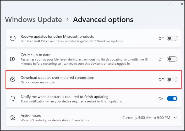 Windows 11 advanced option for updates over metered connection.