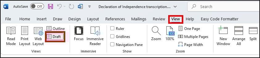 Microsoft Word Draft view.