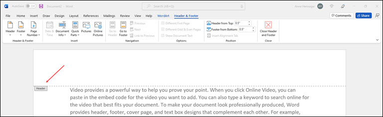 Word document with Header area exposed.