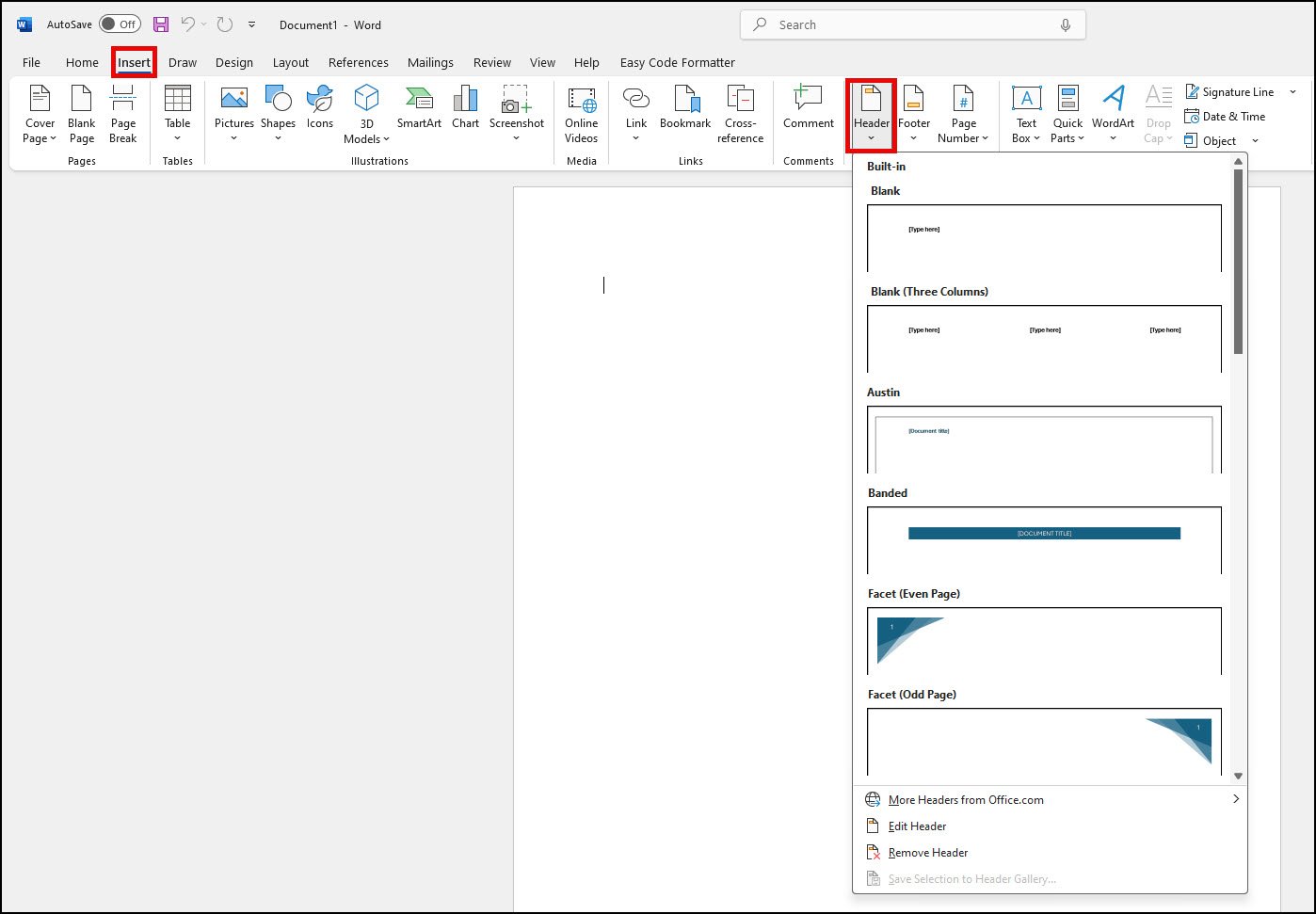 Built-in Word header styles.