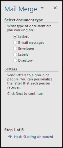 Word Mail Merge Wizard pane.