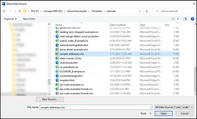 Seleting Excel data source file.