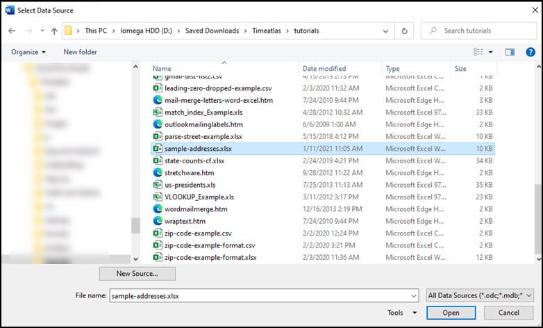 Seleting Excel data source file.