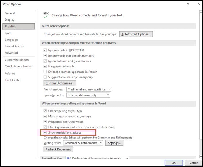 Word 2007 Readability stats option setting Show readability statistics proofing option.