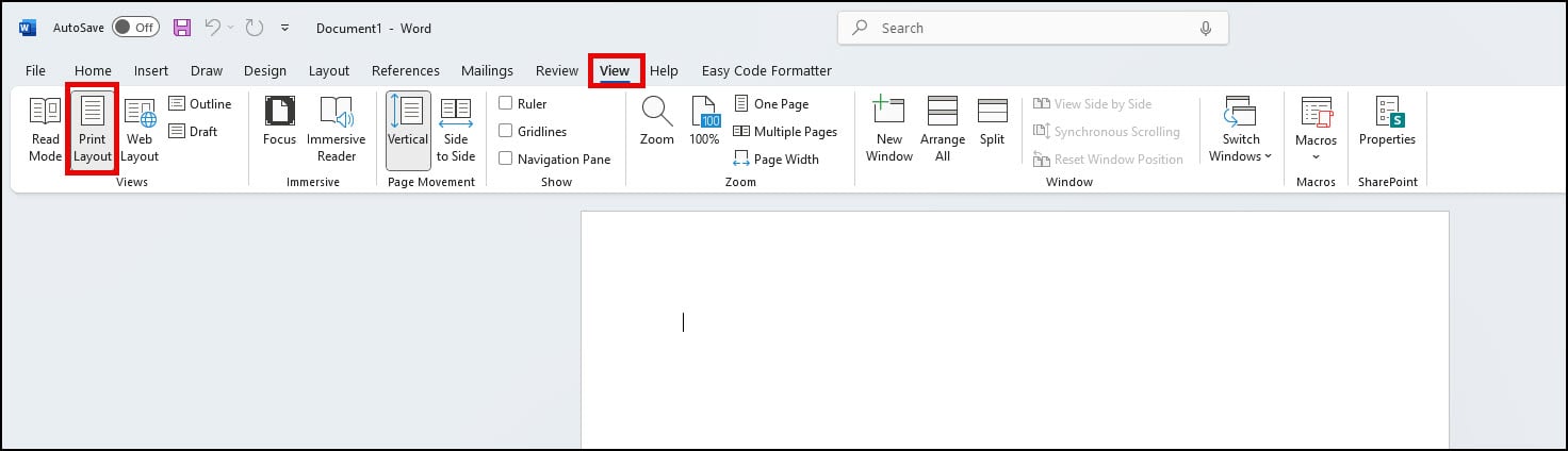 View tab with Print Layout options.