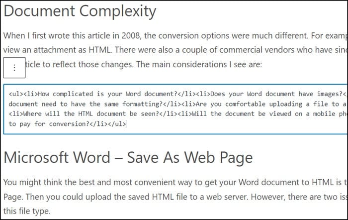 WordPress block editor HTML view.