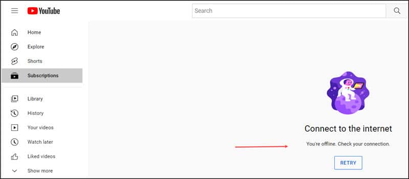 Error message when trying to connect to YouTube.